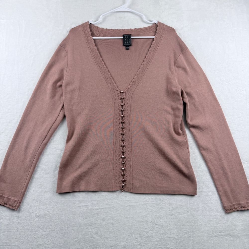 Due Per Due Silk Blend Cardigan Sweater Women L‎ Pink Beaded V Neck Y2K